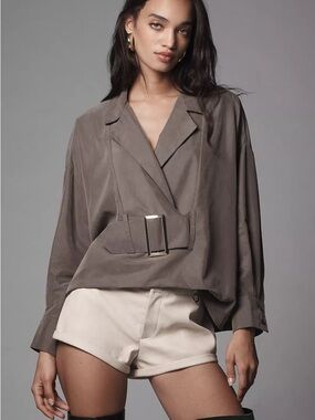 NEW BY ANTHROPOLOGIE Long Sleeve Collared Belted Buckle Front Blouse Green XXS
